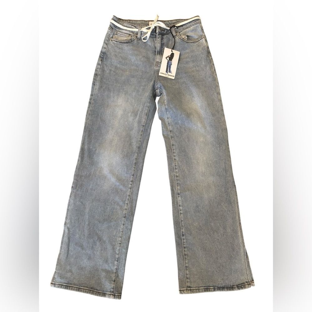 NWT Ashley Mason Baggy Split Leg Blue Jeans w/ String Belt- Size Junior  7/28